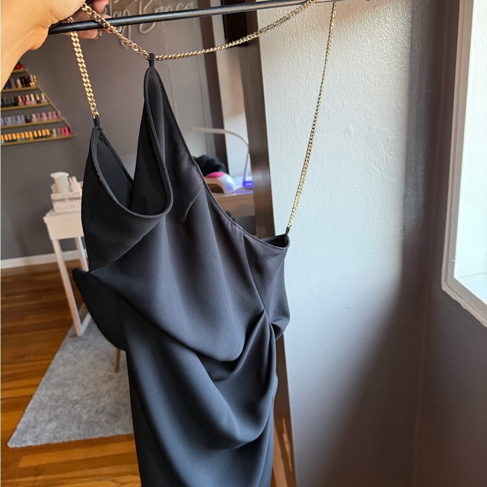 Amanda Uprichard Black Dress with Gold Chain Straps